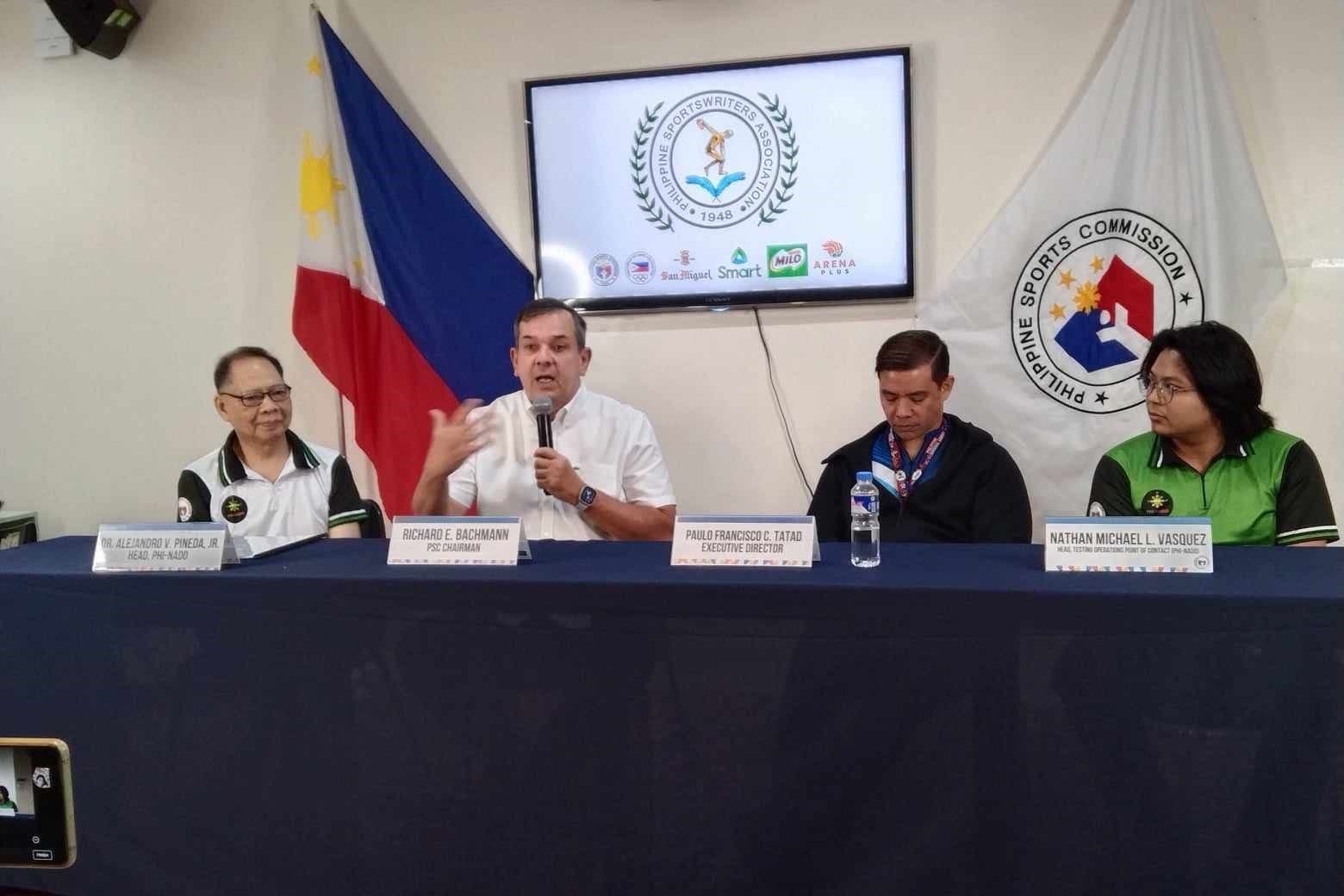(L-R) PHI-NADO chief Dr. Alex Pineda, PSC Chairman Richard Bachmann, PSC Executive Director Paulo Tatad, PHI-NADO testing operations head Nathan Vasquez at the PSA Forum on March 26, 2024. Handout/PSA